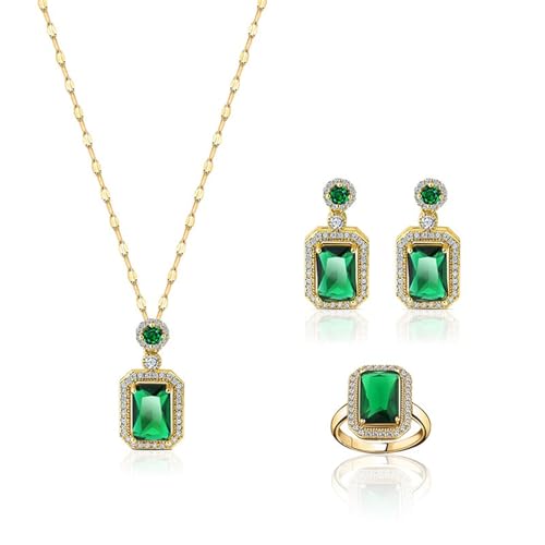 Rhinestone Zircon Simulated Green Emerald Pendant Earrings Ring Necklace 3 Pcs set, 18K Gold Plated Stainless Steel