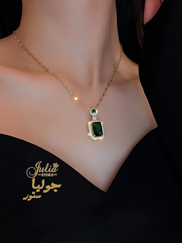 Rhinestone Zircon Simulated Green Emerald Pendant Earrings Ring Necklace 3 Pcs set, 18K Gold Plated Stainless Steel