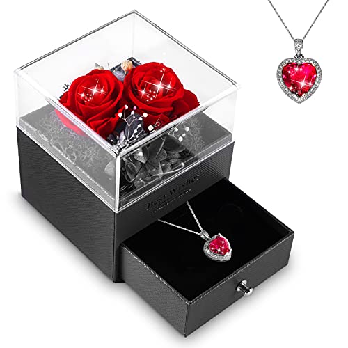 Preserved Red Rose Jewelry Box with Heart Style Necklace