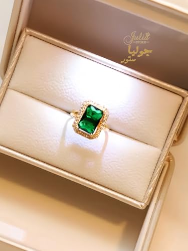 Rhinestone Zircon Simulated Green Emerald Pendant Earrings Ring Necklace 3 Pcs set, 18K Gold Plated Stainless Steel