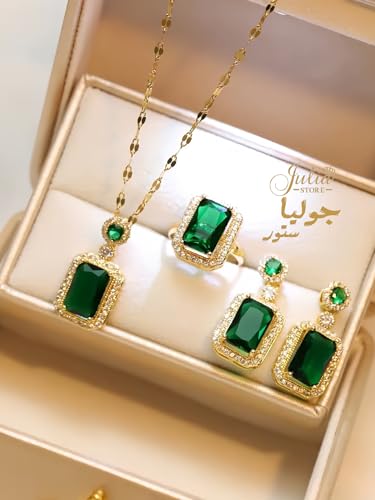 Rhinestone Zircon Simulated Green Emerald Pendant Earrings Ring Necklace 3 Pcs set, 18K Gold Plated Stainless Steel