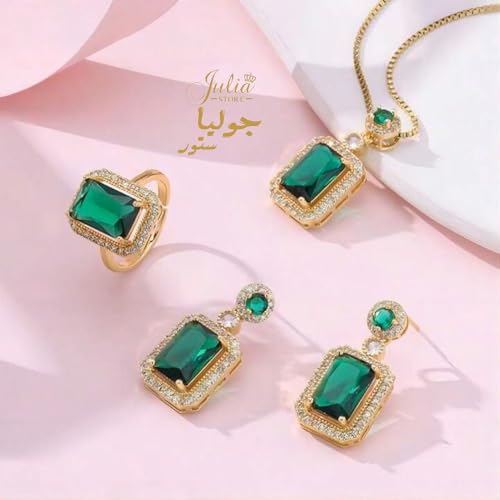 Rhinestone Zircon Simulated Green Emerald Pendant Earrings Ring Necklace 3 Pcs set, 18K Gold Plated Stainless Steel