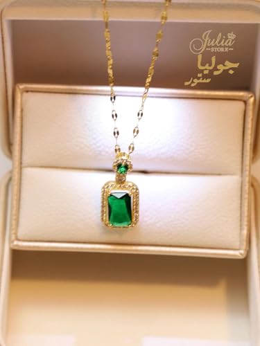 Rhinestone Zircon Simulated Green Emerald Pendant Earrings Ring Necklace 3 Pcs set, 18K Gold Plated Stainless Steel