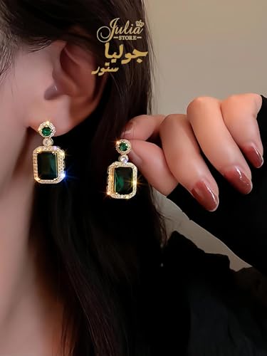 Rhinestone Zircon Simulated Green Emerald Pendant Earrings Ring Necklace 3 Pcs set, 18K Gold Plated Stainless Steel