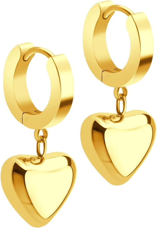 18K Gold Plated Stainless Steel Puffed Heart Charm Hoop