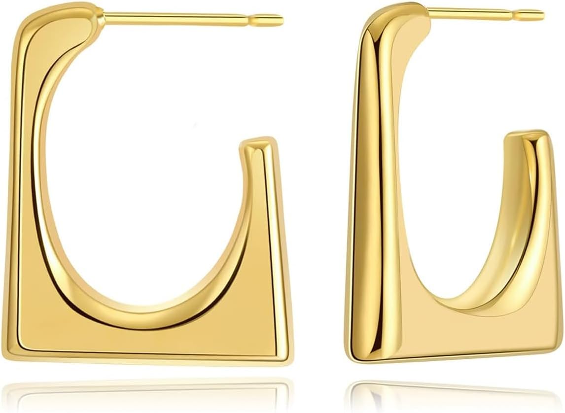 18K Gold Plated Square Chunky Earrings Statement Stainless Steel Stud Earrings