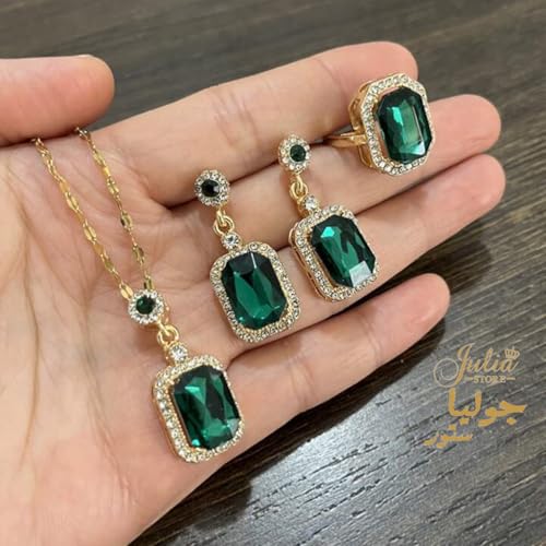 Rhinestone Zircon Simulated Green Emerald Pendant Earrings Ring Necklace 3 Pcs set, 18K Gold Plated Stainless Steel