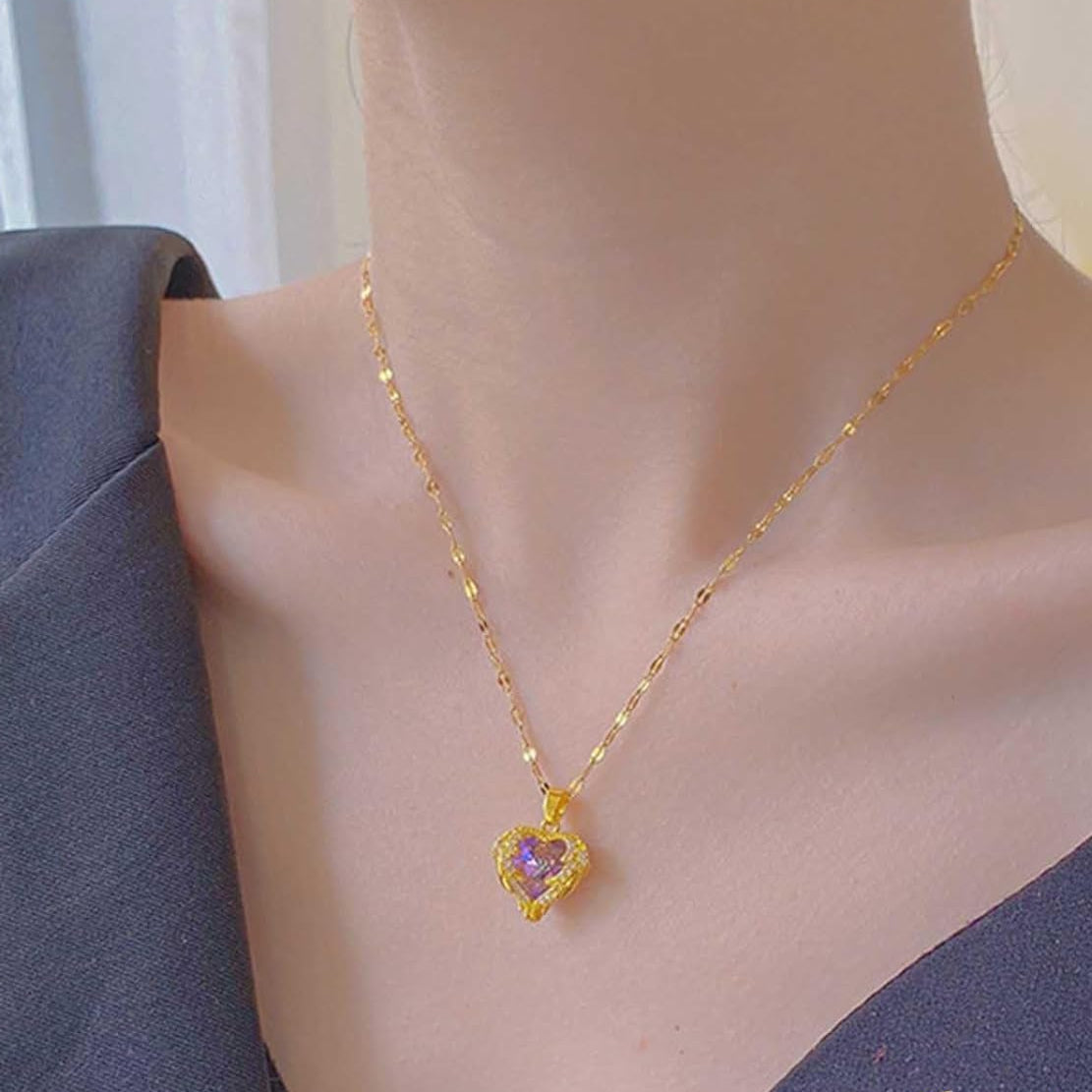 18K Gold Plated Stainless Steel, Crystal Heart Rhinestone Necklace